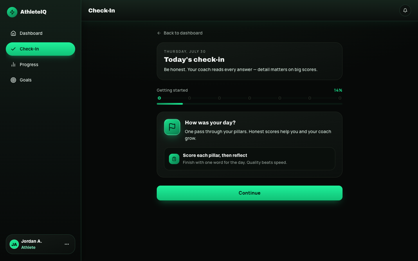 Today’s check-in intro with Getting started progress and Continue