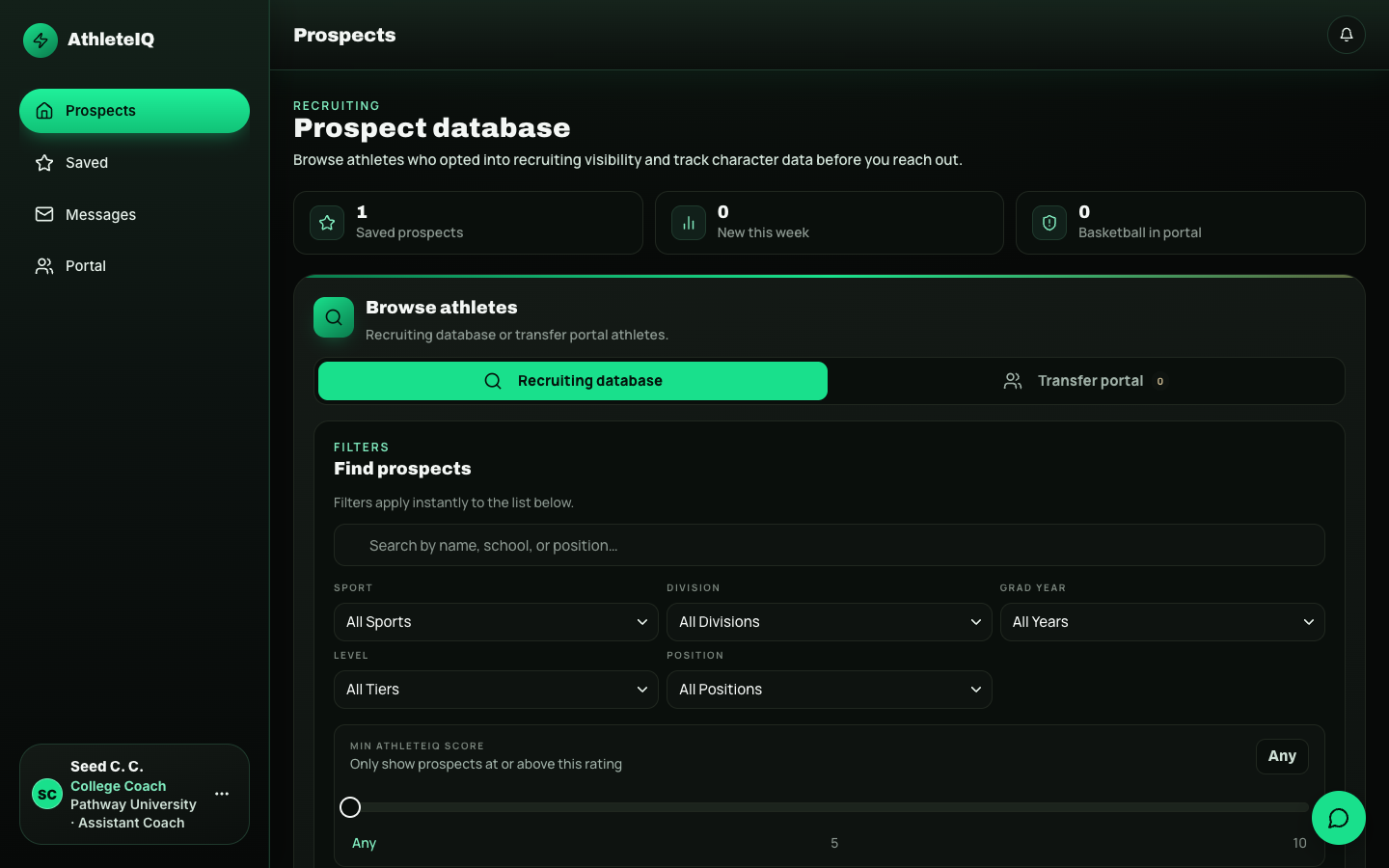 College coach prospect database with filters and character pillars