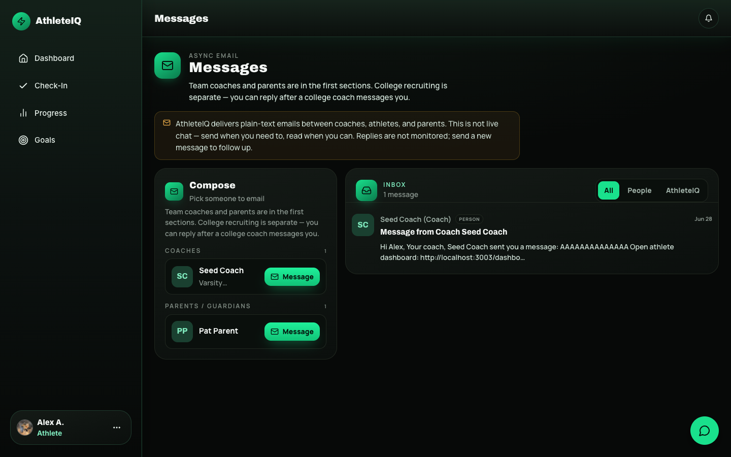 Messages inbox for coaches and parents