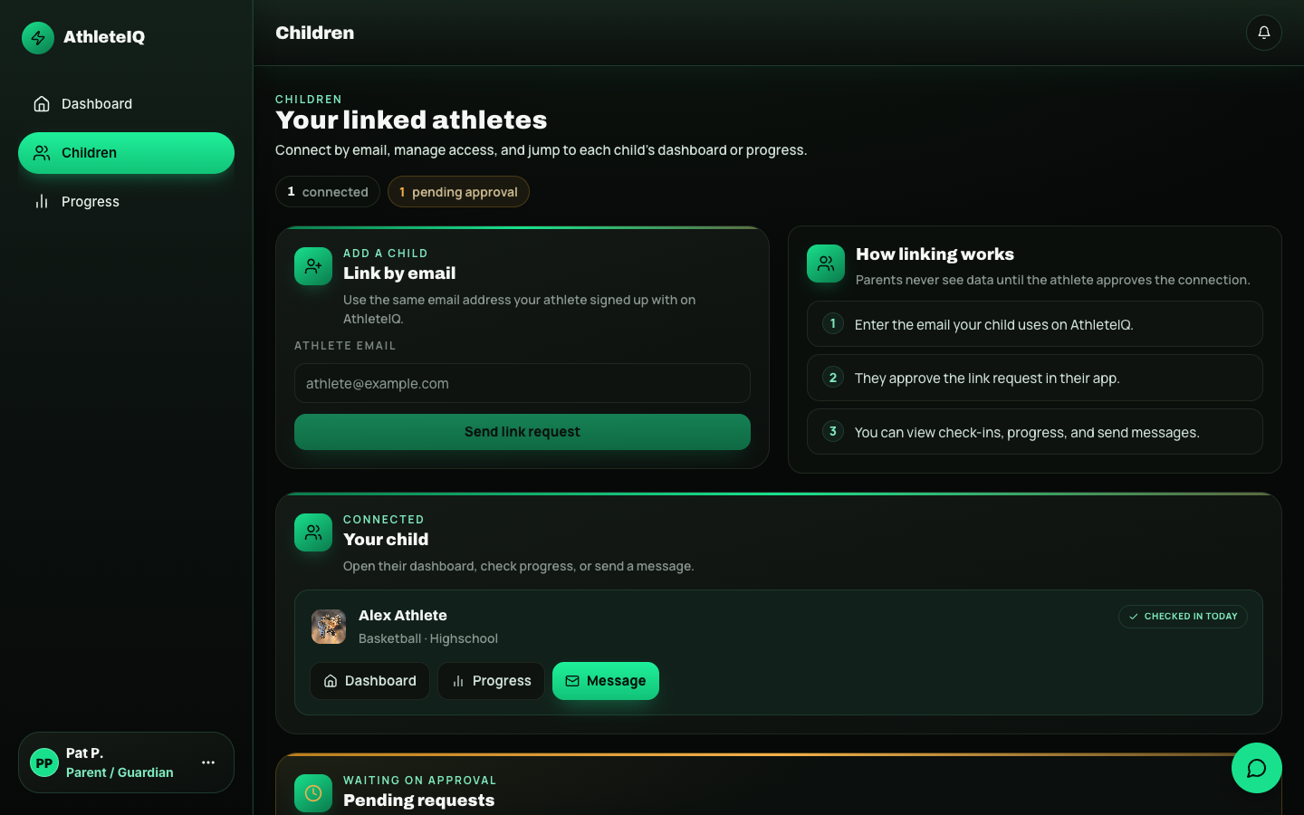 Parent Children page with Link by email and connected athletes