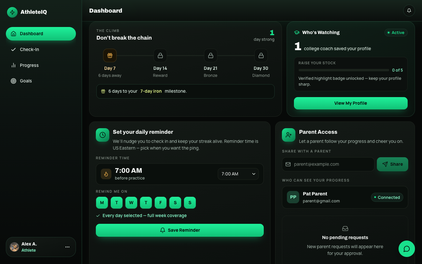 Parent Access on the athlete dashboard — share email and connected parents