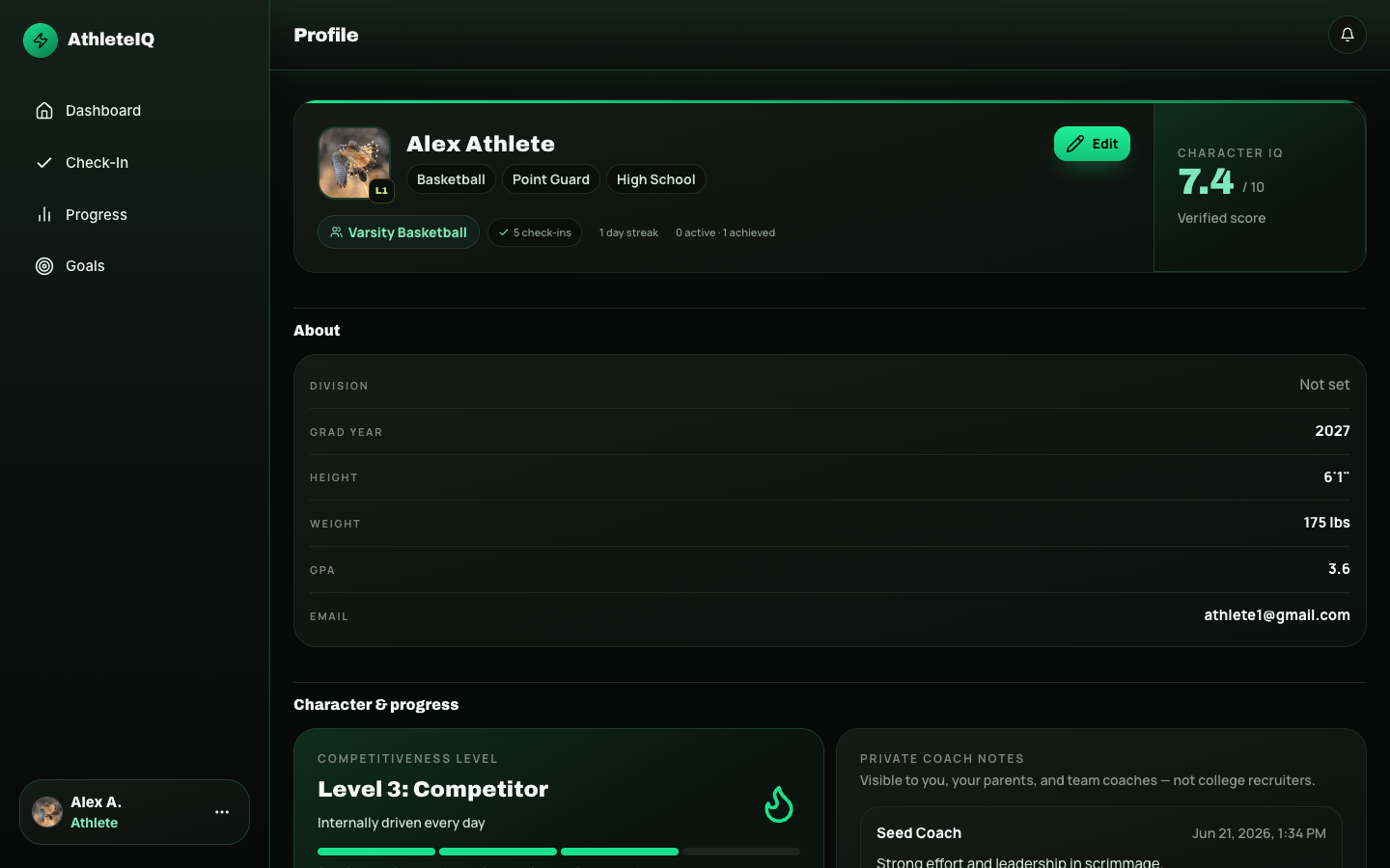Athlete profile with character IQ, pillars, and recruiting visibility
