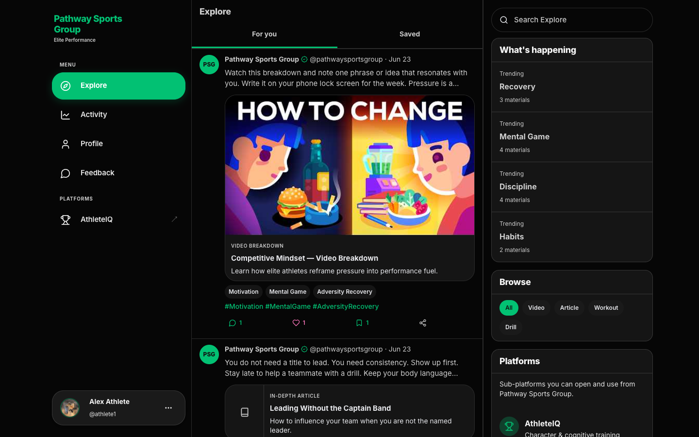 Explore feed with For you tab, Pathway posts, Like/Bookmark/Share actions, and Browse types