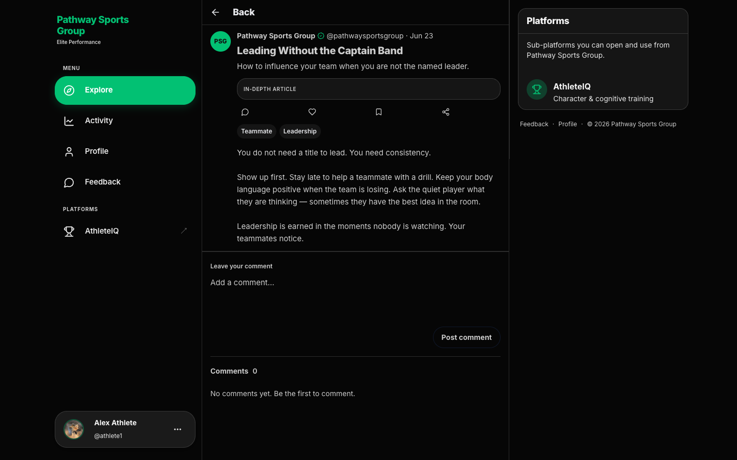 Open material with body, tags, Like/Bookmark, and comments