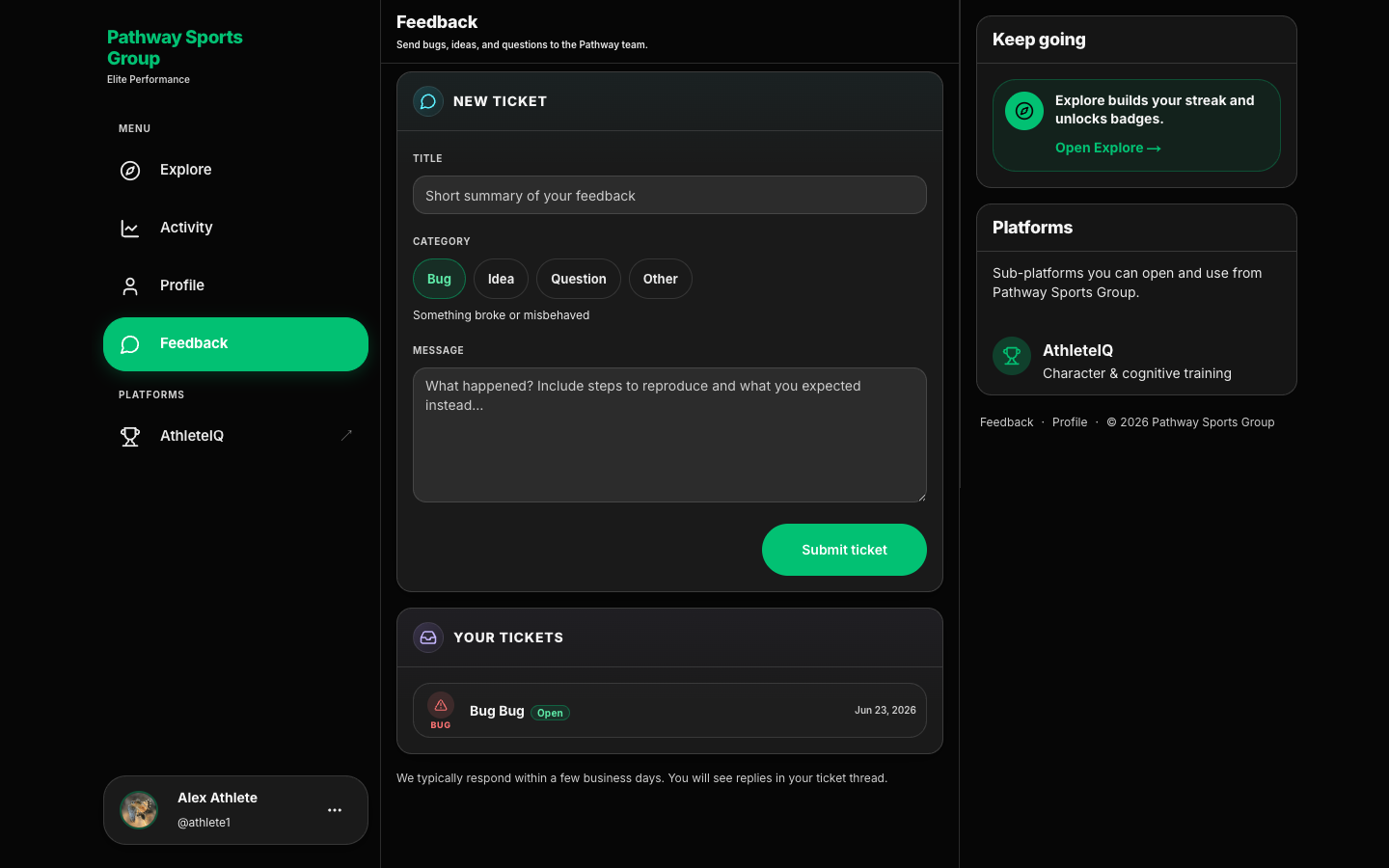 Feedback page with new ticket form and Your tickets