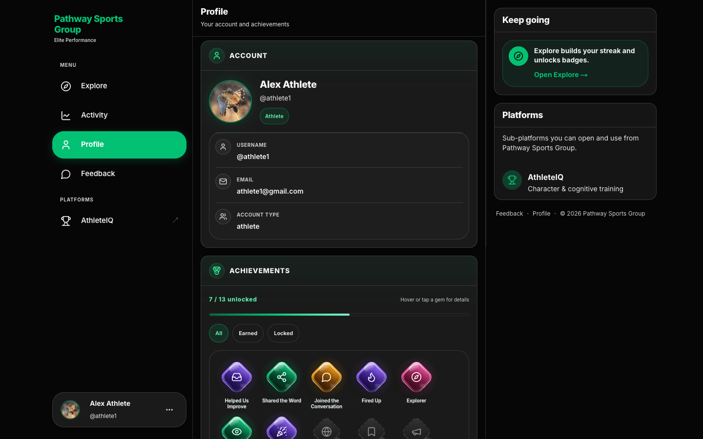 Profile page with account summary, achievements, and edit profile